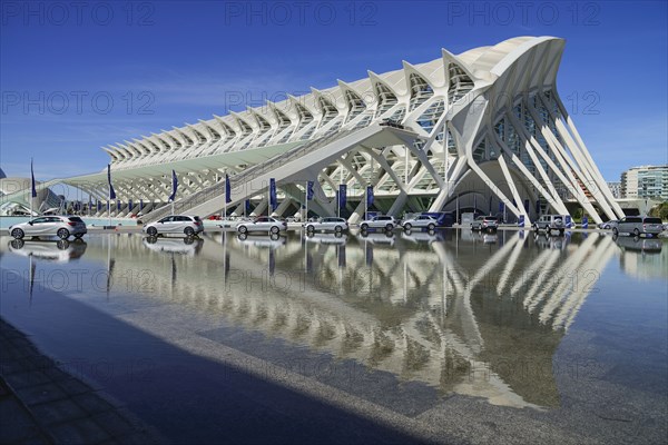 Spain, Valencia Province, Valencia, Spain, Valencia Province, Valencia, La Ciudad de las Artes y las Ciencias, City of Arts and Sciences, City of Arts and Sciences, Principe Felipe Science Museum with row of Mercedes cars on display. 
Photo Hugh Rooney