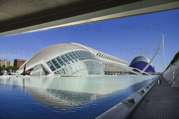 Spain, Valencia Province, Valencia, Spain, Valencia Province, Valencia, La Ciudad de las Artes y las Ciencias, City of Arts and Sciences, L'Hemisferic, Principe Felipe Science Museum, El Pont de l'Assut de l'Or Bridge and Agora. 
Photo Hugh Rooney