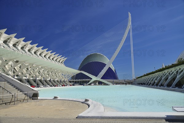 Spain, Valencia Province, Valencia, Spain, Valencia Province, Valencia, La Ciudad de las Artes y las Ciencias, City of Arts and Sciences, Principe Felipe Science Museum, El Pont de l'Assut de l'Or Bridge and Agora. 
Photo Hugh Rooney