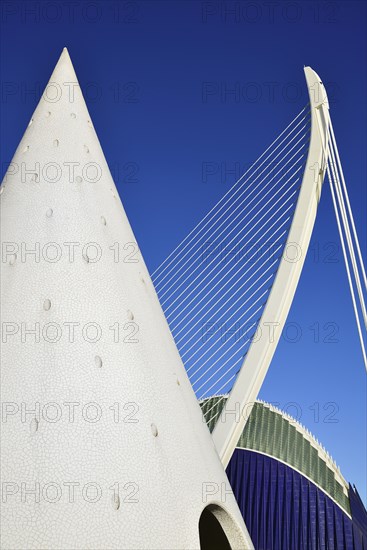 Spain, Valencia Province, Valencia, La Ciudad de las Artes y las Ciencias  City of Arts and Sciences  El Pont de lAssut de lOrr Bridge and Agora with lift from Umbracle car park in foreground.