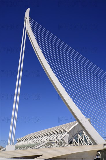 Spain, Valencia Province, Valencia, Spain, Valencia Province, Valencia, La Ciudad de las Artes y las Ciencias, City of Arts and Sciences, Principe Felipe Science Museum framed by El Pont de l'Assut de l'Or Bridge. 
Photo Hugh Rooney