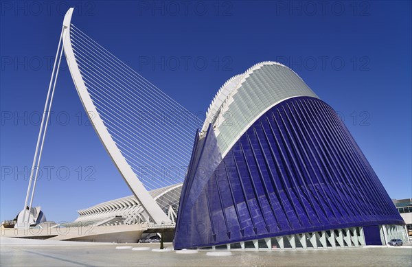 Spain, Valencia Province, Valencia, La Ciudad de las Artes y las Ciencias  City of Arts and Sciences  Principe Felipe Science Museum framed by El Pont de lAssut de lOr with the Agora in foreground.