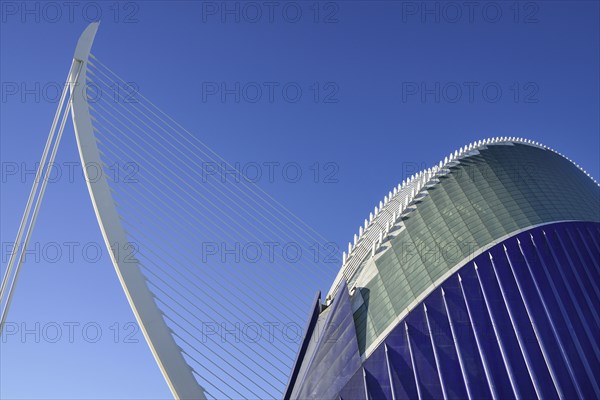 Spain, Valencia Province, Valencia, Spain, Valencia Province, Valencia, La Ciudad de las Artes y las Ciencias, City of Arts and Sciences, El Pont de l'Assut de l'Or with the Agora in the foreground. . 
Photo Hugh Rooney