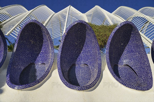 Spain, Valencia Province, Valencia, Spain, Valencia Province, Valencia, La Ciudad de las Artes y las Ciencias, City of Arts and Sciences, Arches of the Umbracle sculpture garden. 
Photo Hugh Rooney