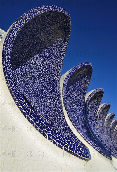 Spain, Valencia Province, Valencia, Spain, Valencia Province, Valencia, La Ciudad de las Artes y las Ciencias, City of Arts and Sciences, Arches of the Umbracle sculpture garden. 
Photo Hugh Rooney