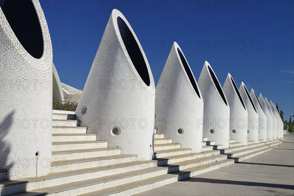 Spain, Valencia Province, Valencia, Spain, Valencia Province, Valencia, La Ciudad de las Artes y las Ciencias, City of Arts and Sciences, Pillars on the Umbracle sculpture garden. . 
Photo Hugh Rooney