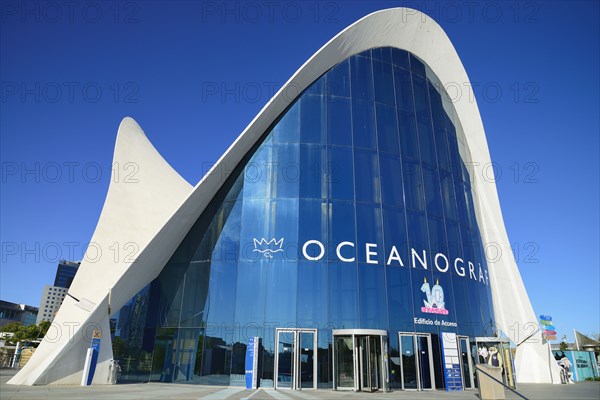 Spain, Valencia Province, Valencia, Spain, Valencia Province, Valencia, La Ciudad de las Artes y las Ciencias, City of Arts and Sciences, Oceanografic facade, The largest aquarium in Europe. 
Photo Hugh Rooney