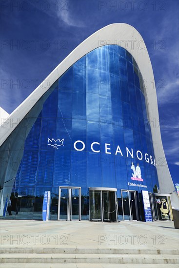 Spain, Valencia Province, Valencia, Spain, Valencia Province, Valencia, La Ciudad de las Artes y las Ciencias, City of Arts and Sciences, Oceanografic facade, The largest aquarium in Europe. 
Photo Hugh Rooney