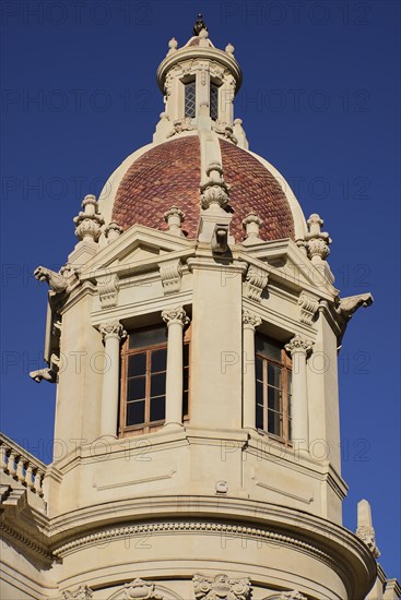 Spain, Valencia Province, Valencia, Spain, Valencia Province, Valencia, Spain, Valencia Province, Valencia, Plaza de Ayuntamiento, Casa Consistorial de Valencia, A tower on Valencia Town Hall. . 
Photo Hugh Rooney