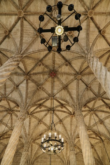 Spain, Valencia Province, Valencia, Spain, Valencia Province, Valencia, Llotja de la Seda, Ceiling of the Sala de Contratacion or Trading Hall, Also known as the Lonja de la Seda or in English The Silk Exchange. 
Photo Hugh Rooney