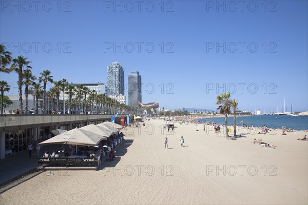 Spain, Catalonia, Barcelona, Barceloneta  Playa de St Sebastia  view along beach toward Port Olimpic.