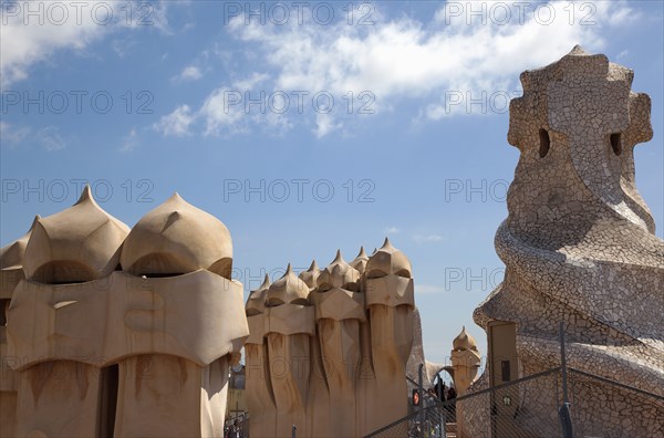 Spain, Catalonia, Barcelona, La Pedrera or Casa Mila on Passeig de Gracia, designed by Antoni Gaudi. 
Photo Stephen Rafferty