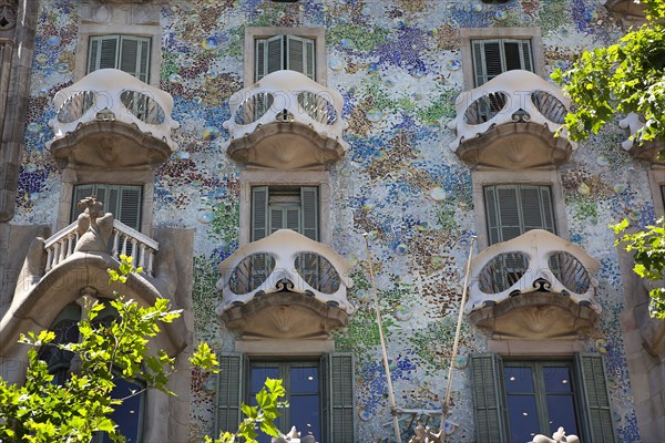 Spain, Catalonia, Barcelona, Exterior of Casa Batllo on Passeig de Gracia  designed by Antoni Gaudi.