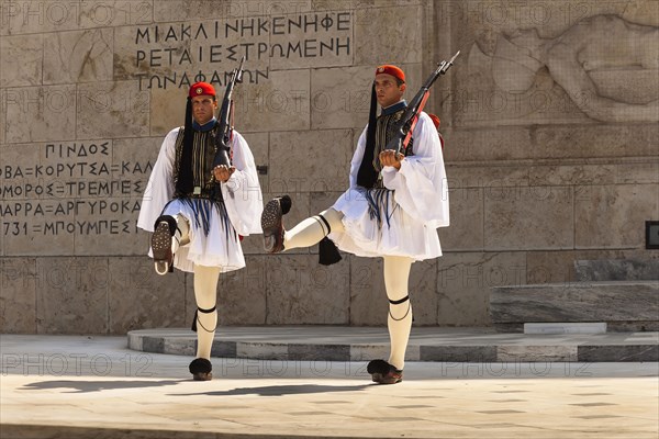 Greece, Attica, Athens, Greek soldiers, Evzones, marching beside Tomb of the Unknown Soldier, outside Parliament building. 
Photo Mel Longhurst