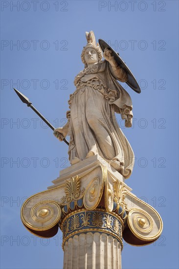 Greece, Attica, Athens, Statue of Athena outside the Academy of Arts. 
Photo Mel Longhurst