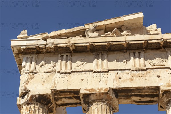 Greece, Attica, Athens, Close up of carved stone pediment of the Parthenon at the Acropolis. 
Photo Mel Longhurst