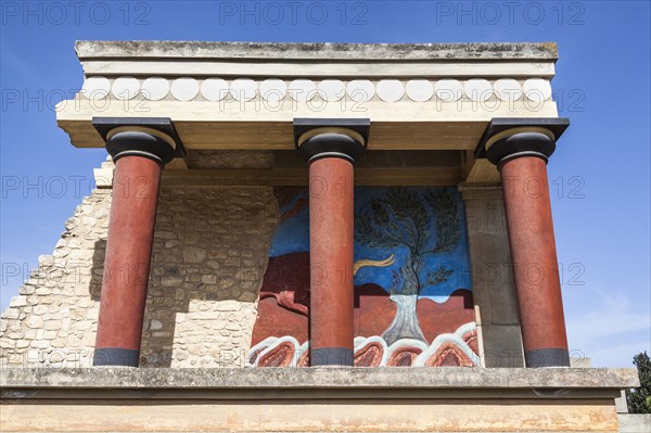 Greece, Crete, Knossos, The north entrance, depicting the charging bull fresco, Knossos Palace. 
Photo Mel Longhurst