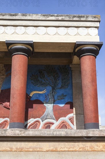 Greece, Crete, Knossos, The north entrance, depicting the charging bull fresco, Knossos Palace. 
Photo Mel Longhurst