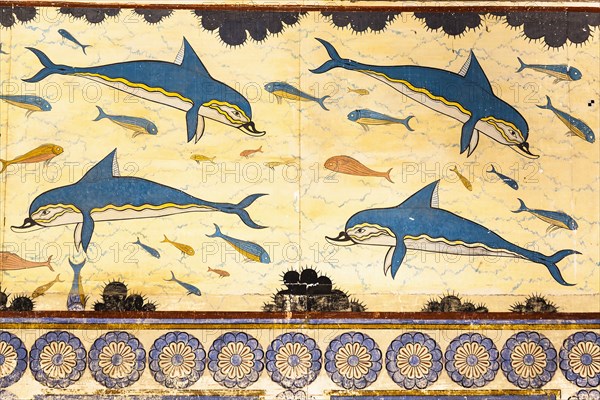 Greece, Crete, Knossos, Dolphin fresco in the Queen's Megaron, Knossos Palace. 
Photo Mel Longhurst