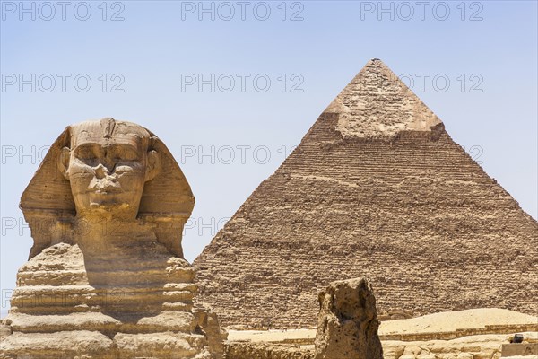 Egypt, Cairo Area, Giza, The Great Sphinx and Pyramid of Khafre, also known as Pyramid of Chephren. 
Photo Mel Longhurst