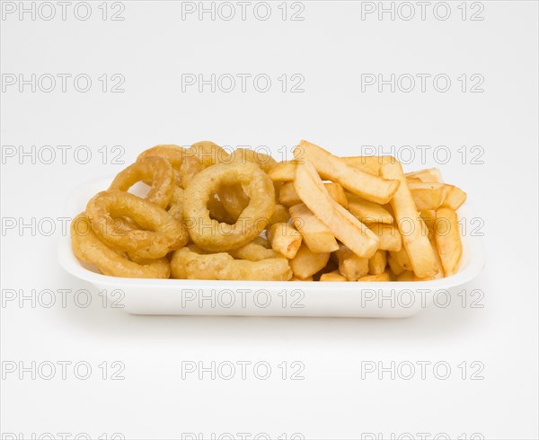Food, Cooked, Seafood, fried squid rings and potato chips