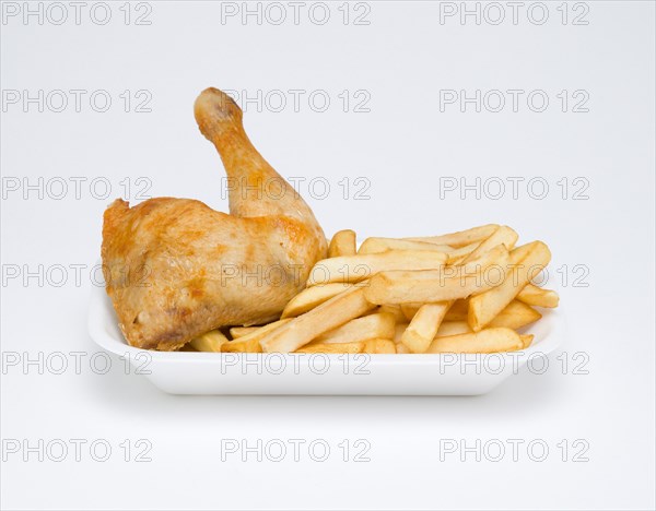 Food, Cooked, Poultry, fried chicken quarter and potato chips