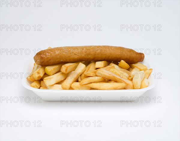 Food, Cooked, Meat, Fried pork sausage and potato chips