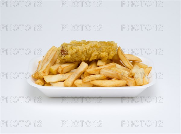 Food, Cooked, Meat, A single battered pork sausage with potato chips