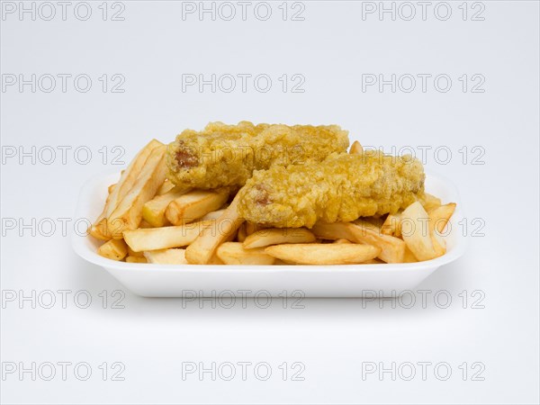 Food, Cooked, Meat, Two battered pork sausage with potato chips