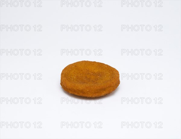 Food, Cooked, Fish, Single fried fishcake on a white background.