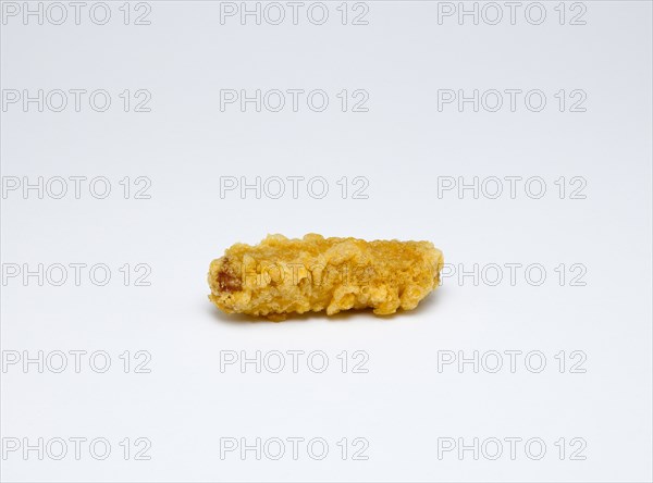 Food, Cooked, Meat, Single fried battered pork sausage on a white background.