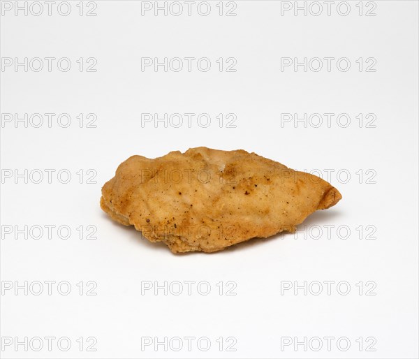 Food, Cooked, Poultry, Single battered chicken breast fillet on a white background.