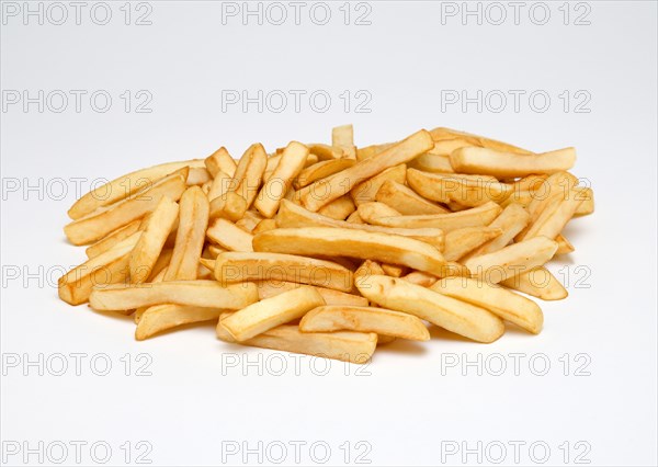 Food, Cooked, Vegetables, Large portion of potato chips on a white background.