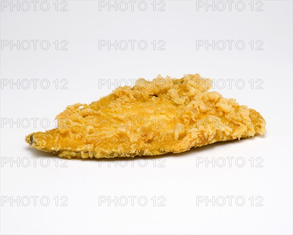 Food, Cooked, Fish, Single portion of battered plaice on a white background.