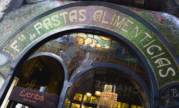 Spain, Catalonia, Barcelona, Art Nouveau tiled facade.