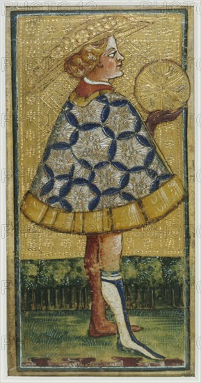 Page of PentaclesAttributed to Antonio di CicognaraWatercolour varnished on illuminated background withdiaper patternItalian; no date