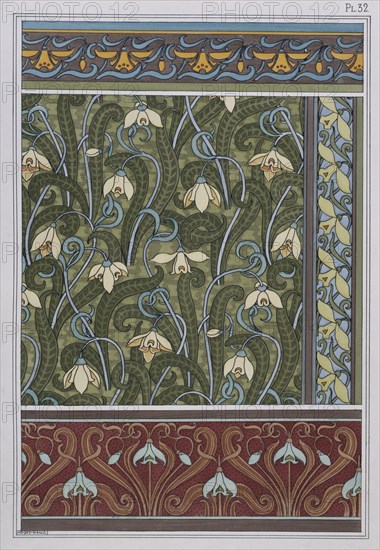Plate 32 - Snowdrops in ornament from Plants & Their Applications to Ornament; edited by Eugene Grasset, published by Chapman & Hall. London; 1897 Chromo-lithograph