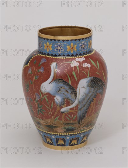 Vase; Cloisonné enamel on gilt metal;made by Elkington and Co.;English (Birmingham);1876.