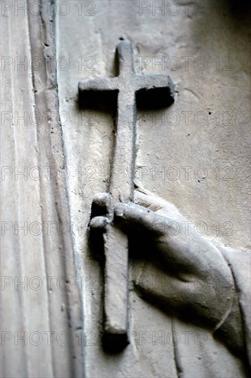 Detail of the cross from The Virgin and Child with Two Angels. Original relief by the Master of the Mascoli Altarpiece. Venice, Italy, 15th century