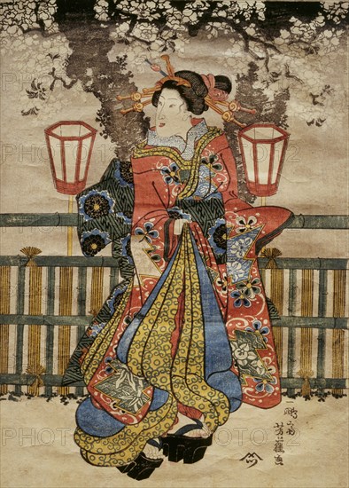 A Younger Courtesan Under Cherry Blossoms at Night in Yoshiwaram, by Utagawa Yoshifuji. Japan