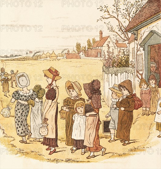 School is over, by Kate Greenaway. England, late 19th century