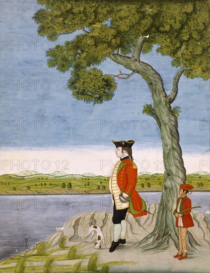 European Officer standing under a tree by a river. Murshidabad, India, late 18th century