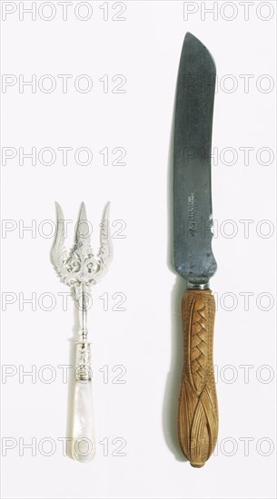 Bread knife and fork, by Wingfield Rowbothan & Co. Sheffield, England, 1885-96.