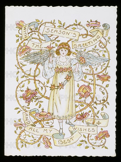 Girl Holding Roses, a greeting card, by Marcus Ward & Co. England, c.1897