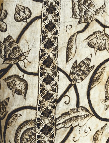 Lady's Jacket, detail. Linen embroidered with silk. England, early 17th century