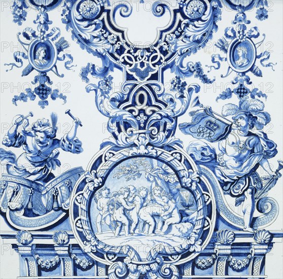 Tile panel, probably by Daniel Marot. Delft, Netherlands, c. 1694