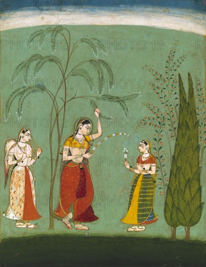 A Princess, her maid and a fly-whisk bearer amongst flowering trees. Bundi, Rajasthan, India, late 17th century