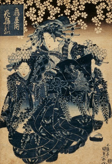The Courtesan Hanaogi of Ogi-ya with Attendants Yoshino and Tatsuta, by Utagawa Kunisada