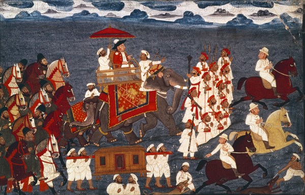 Colonel James Tod riding an elephant. Udaipur, India, early 19th century