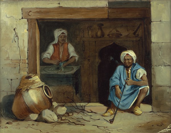 Egyptian couple at door of cakeshop, by Achille-Constant-ThÚodore-+mile Prisse d'Avennes. Egypt, 19th century